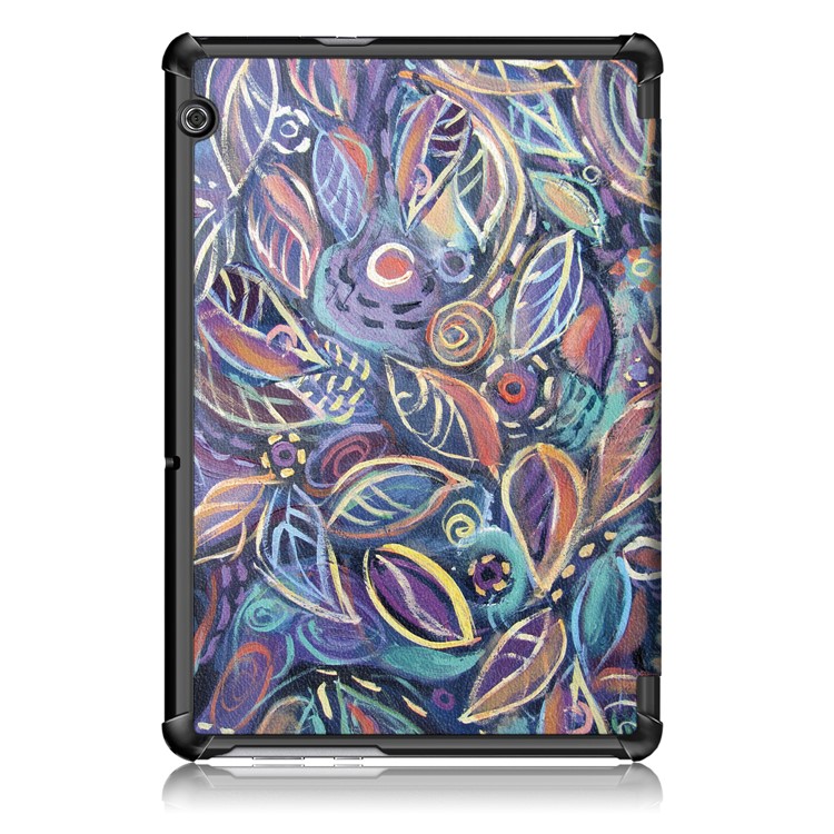 Patterned Leather Tri-fold Stand Casing for Huawei MediaPad T5 10 - Vintage Leaves-3