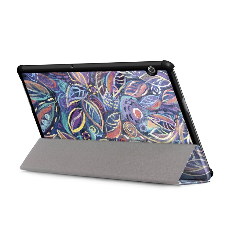 Patterned Leather Tri-fold Stand Casing for Huawei MediaPad T5 10 - Vintage Leaves-6