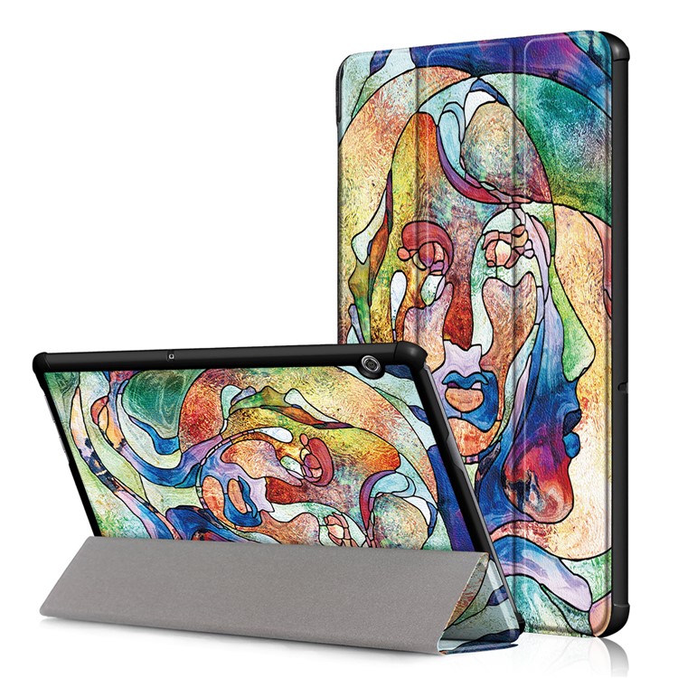 Patterned Leather Tri-fold Stand Accessory Case for Huawei MediaPad T5 10 - Abstract Tree Face-1