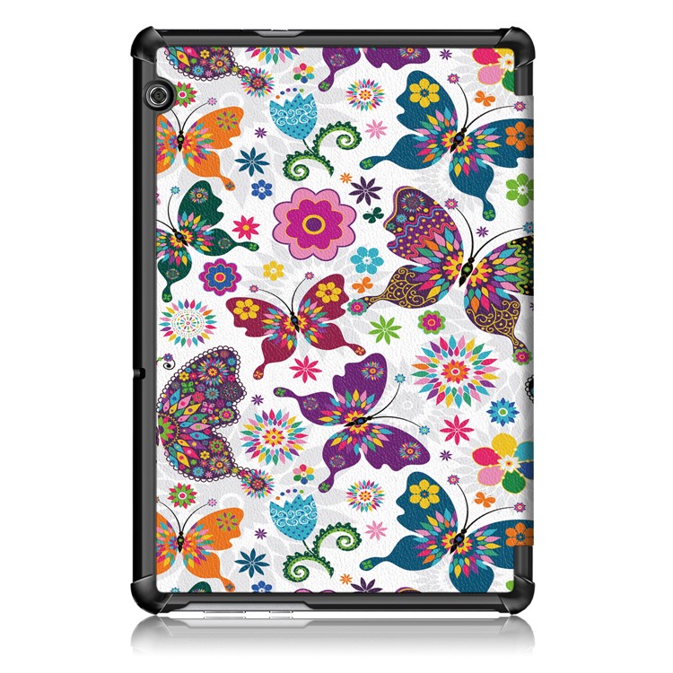 Patterned Leather Tri-fold Stand Case Cover for Huawei MediaPad T5 10 - Flower and Butterfly-3