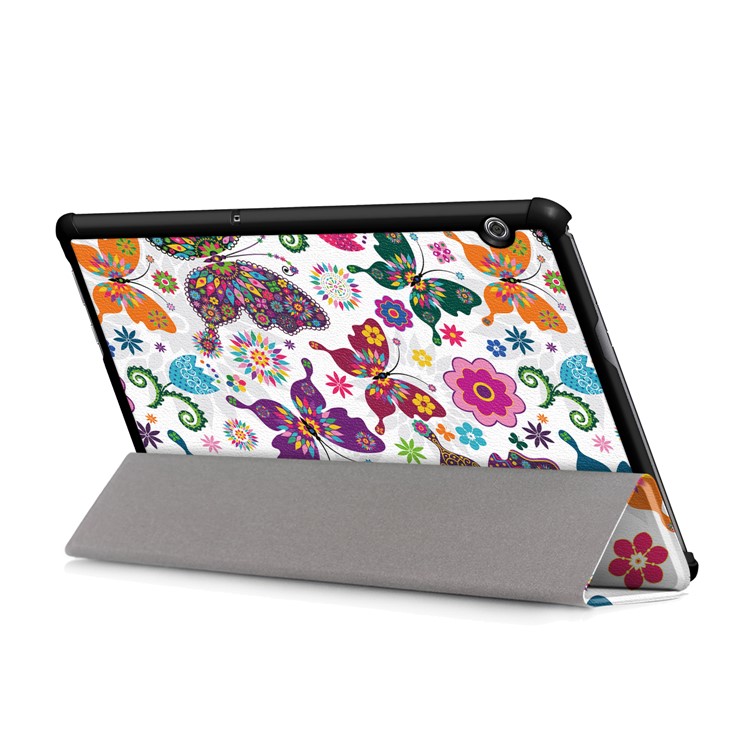 Patterned Leather Tri-fold Stand Case Cover for Huawei MediaPad T5 10 - Flower and Butterfly-6