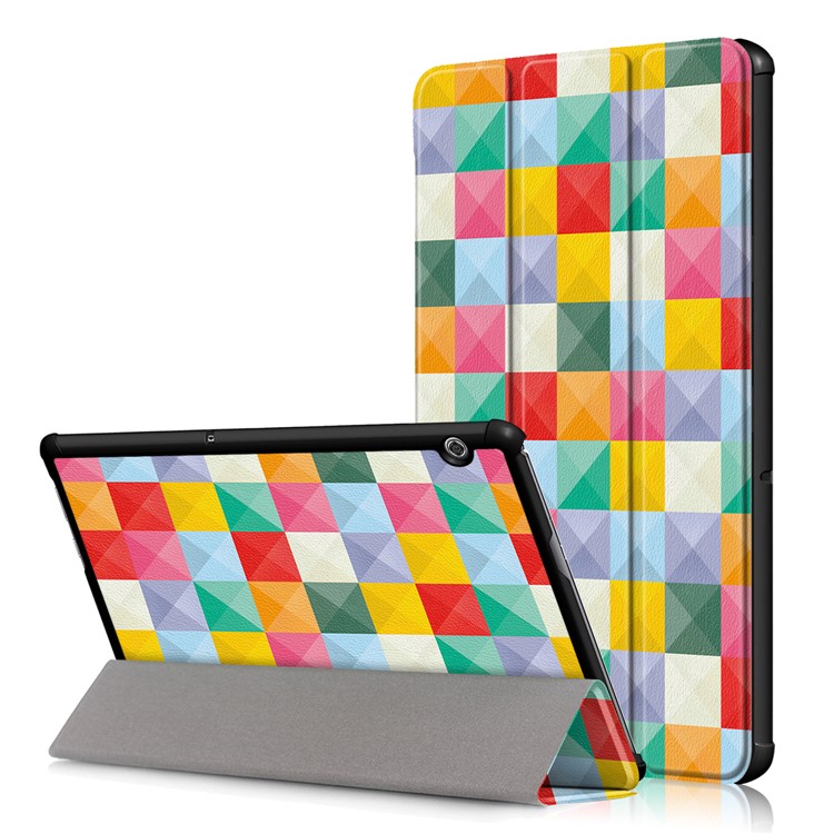 Patterned Leather Tri-fold Stand Protection Cover for Huawei MediaPad T5 10 - Colorized Checks-1