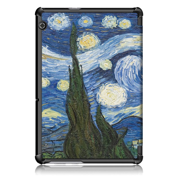 Patterned Leather Tri-fold Stand Protection Shell for Huawei MediaPad T5 10 - Starry Night Oil Painting-3