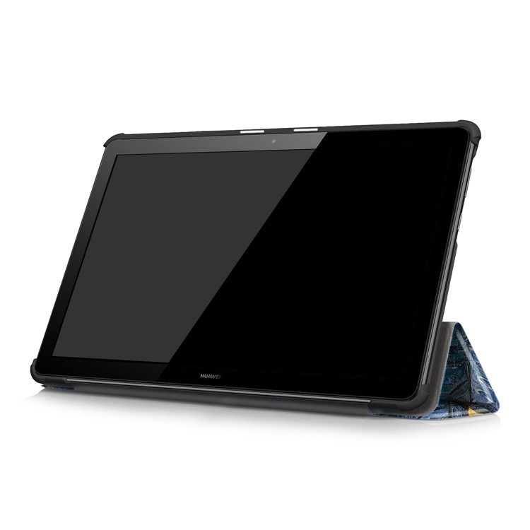 Patterned Leather Tri-fold Stand Protection Shell for Huawei MediaPad T5 10 - Starry Night Oil Painting-5