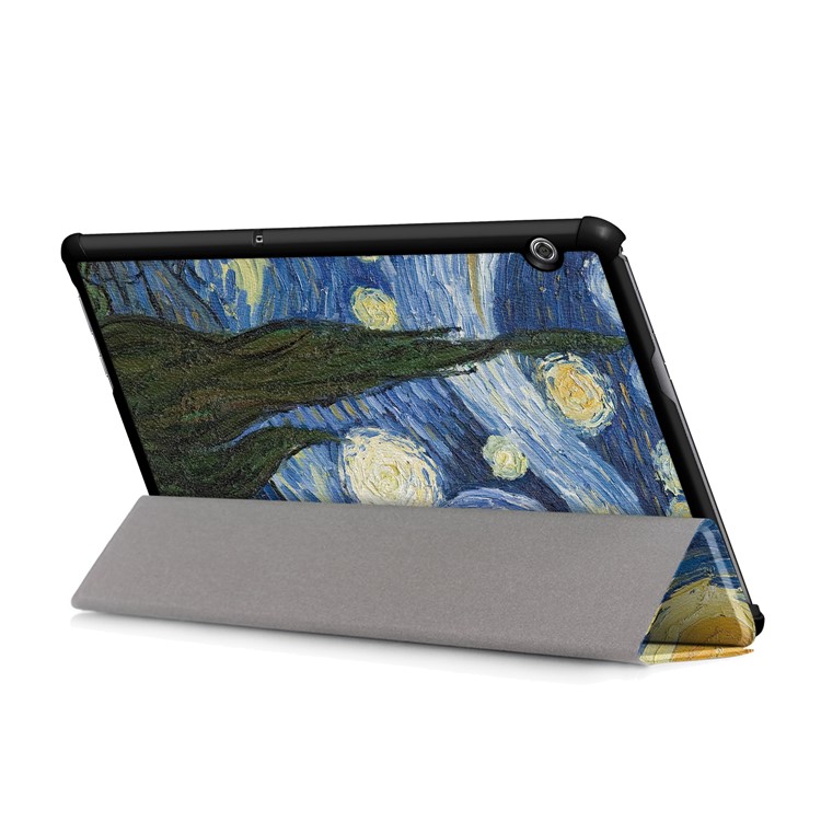 Patterned Leather Tri-fold Stand Protection Shell for Huawei MediaPad T5 10 - Starry Night Oil Painting-6