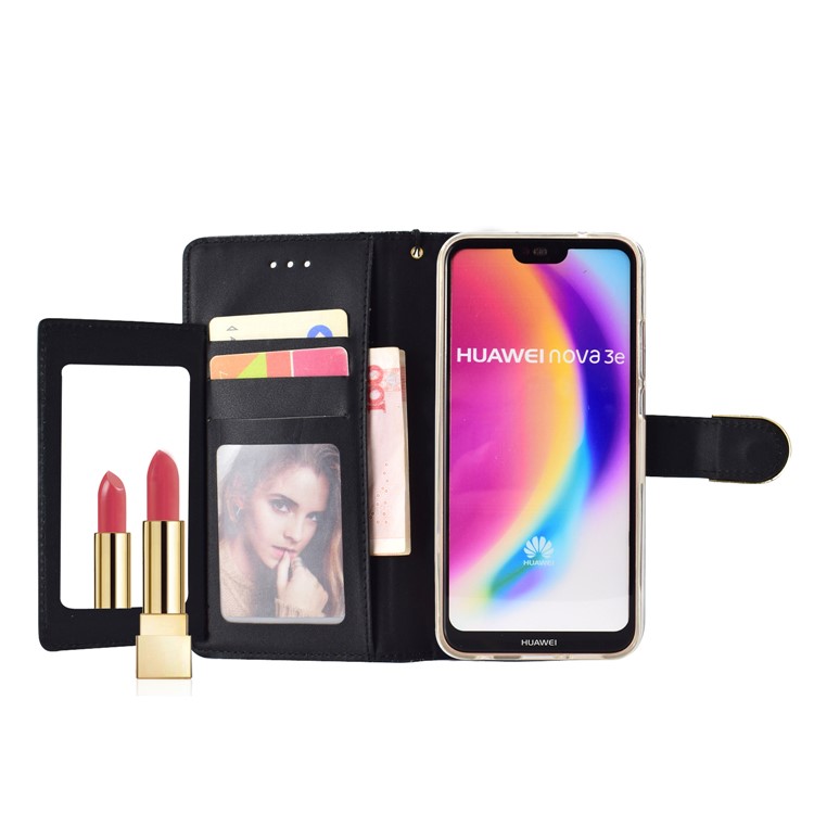 Glitter Powder Rhinestone Decoration Wallet Leather Case with Mirror for Huawei P20 Lite / Nova 3e (China) - Black-6