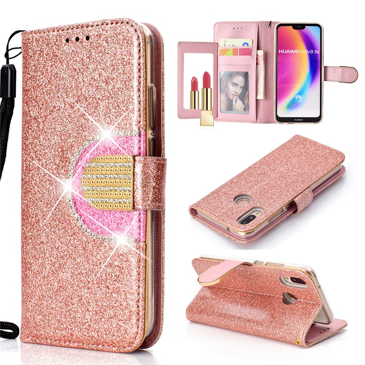 Glitter Powder Rhinestone Decoration Wallet Leather Case Accessory with Strap for Huawei P20 Lite / Nova 3e (China) - Rose Gold-1