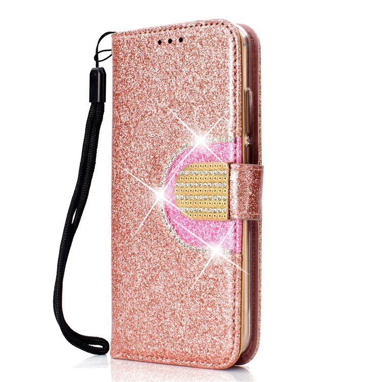 Glitter Powder Rhinestone Decoration Wallet Leather Case Accessory with Strap for Huawei P20 Lite / Nova 3e (China) - Rose Gold-3