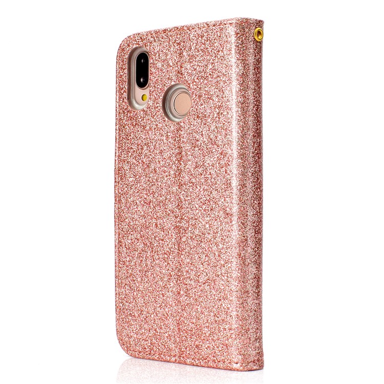Glitter Powder Rhinestone Decoration Wallet Leather Case Accessory with Strap for Huawei P20 Lite / Nova 3e (China) - Rose Gold-4