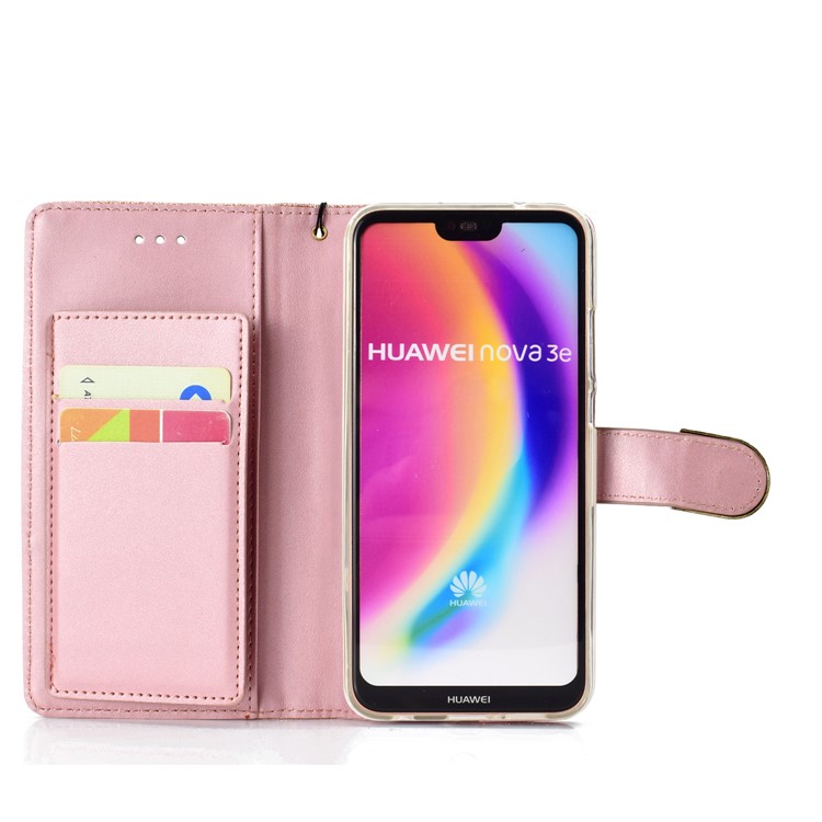 Glitter Powder Rhinestone Decoration Wallet Leather Case Accessory with Strap for Huawei P20 Lite / Nova 3e (China) - Rose Gold-5