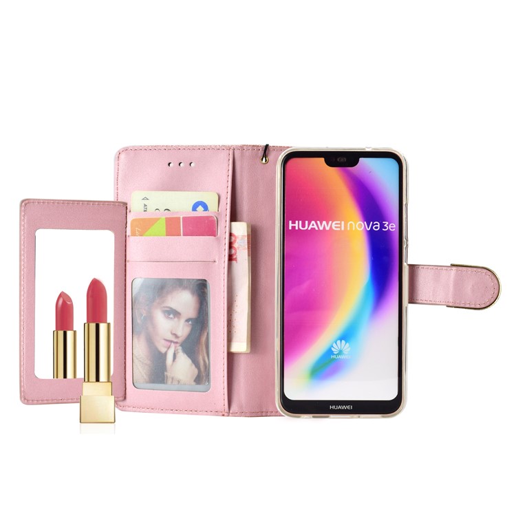 Glitter Powder Rhinestone Decoration Wallet Leather Case Accessory with Strap for Huawei P20 Lite / Nova 3e (China) - Rose Gold-6