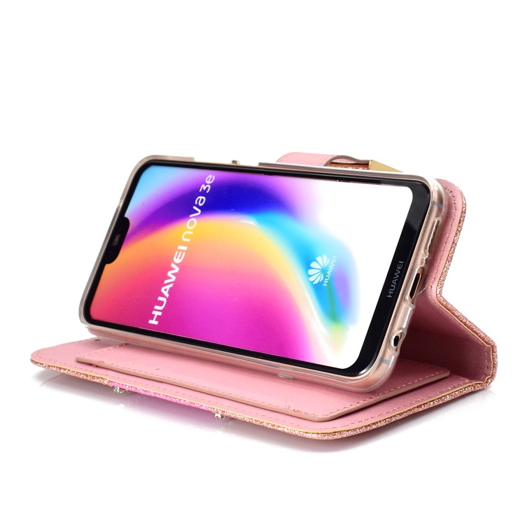 Glitter Powder Rhinestone Decoration Wallet Leather Case Accessory with Strap for Huawei P20 Lite / Nova 3e (China) - Rose Gold-8