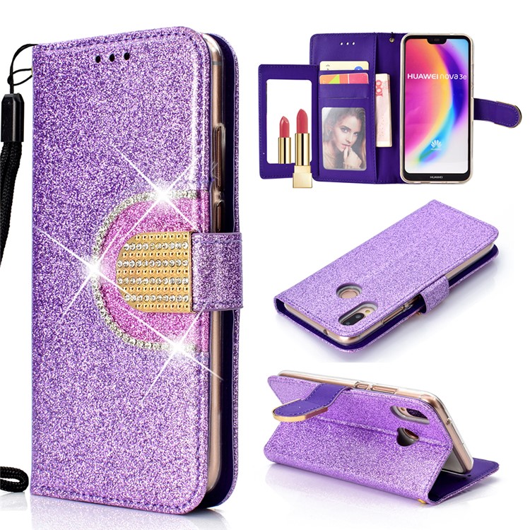 For Huawei P20 Lite / Nova 3e (China) Glitter Powder Rhinestone Decoration Wallet Leather Stand Case with Mirror - Purple-1