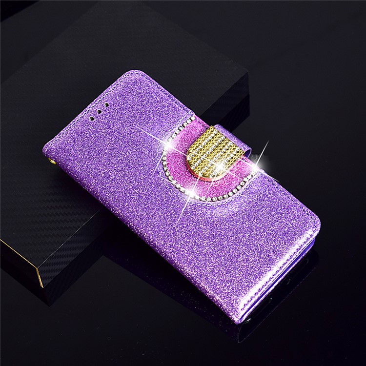 For Huawei P20 Lite / Nova 3e (China) Glitter Powder Rhinestone Decoration Wallet Leather Stand Case with Mirror - Purple-11