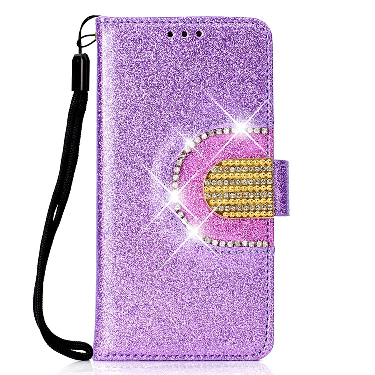 For Huawei P20 Lite / Nova 3e (China) Glitter Powder Rhinestone Decoration Wallet Leather Stand Case with Mirror - Purple-2