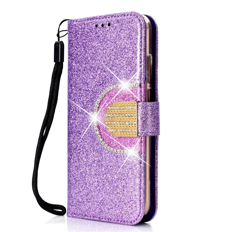 For Huawei P20 Lite / Nova 3e (China) Glitter Powder Rhinestone Decoration Wallet Leather Stand Case with Mirror - Purple-3