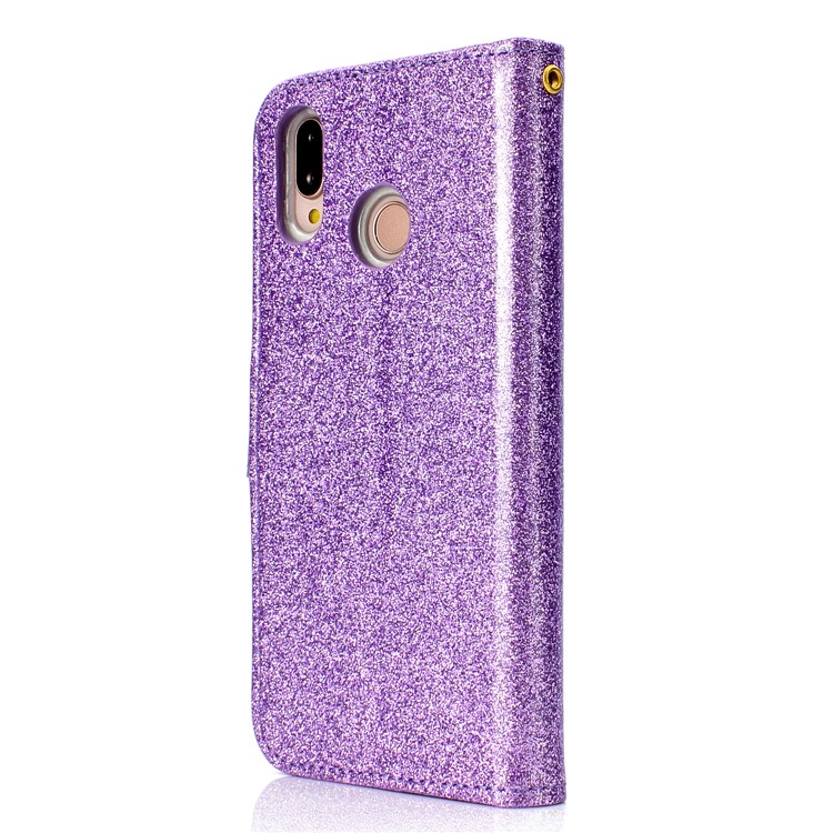 For Huawei P20 Lite / Nova 3e (China) Glitter Powder Rhinestone Decoration Wallet Leather Stand Case with Mirror - Purple-4
