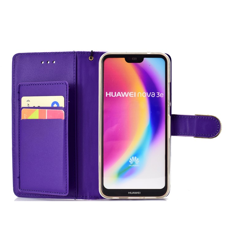 For Huawei P20 Lite / Nova 3e (China) Glitter Powder Rhinestone Decoration Wallet Leather Stand Case with Mirror - Purple-5