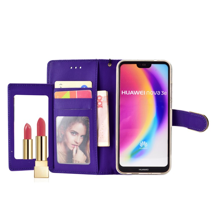 For Huawei P20 Lite / Nova 3e (China) Glitter Powder Rhinestone Decoration Wallet Leather Stand Case with Mirror - Purple-6