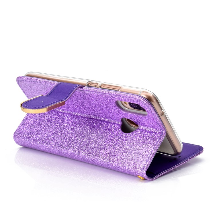 For Huawei P20 Lite / Nova 3e (China) Glitter Powder Rhinestone Decoration Wallet Leather Stand Case with Mirror - Purple-7