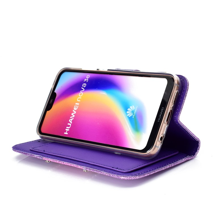 For Huawei P20 Lite / Nova 3e (China) Glitter Powder Rhinestone Decoration Wallet Leather Stand Case with Mirror - Purple-8
