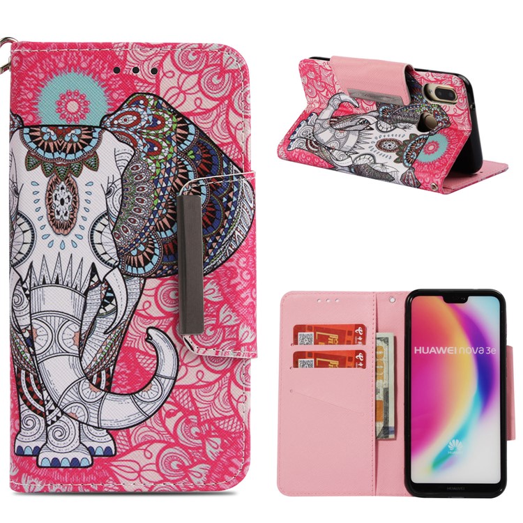 Pattern Printing Leather Wallet Cover for Huawei P20 Lite / Nova 3e - Flowered Elephant-1