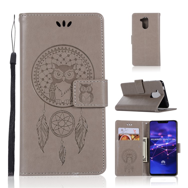 Stampa Gufo Dream Catcher Portafoglio Basamento Custodia In Pelle Per Huawei Mate 20 Lite - Grigio-1
