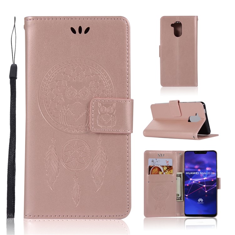 Imprint Owl Dream Catcher Wallet Stand Leather Shell for Huawei Mate 20 Lite - Rose Gold-1