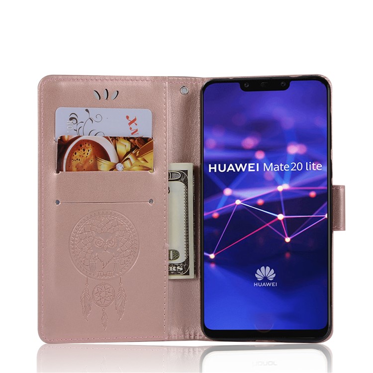 Imprint Owl Dream Catcher Wallet Stand Leather Shell for Huawei Mate 20 Lite - Rose Gold-6