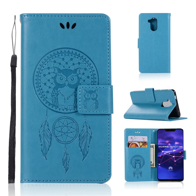 Imprint Owl Dream Catcher Wallet Stand Leather Cell Phone Cover for Huawei Mate 20 Lite - Blue-1