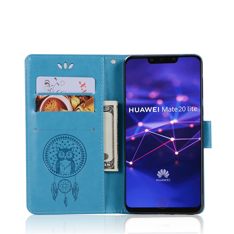 Imprint Owl Dream Catcher Wallet Stand Leather Cell Phone Cover for Huawei Mate 20 Lite - Blue-6