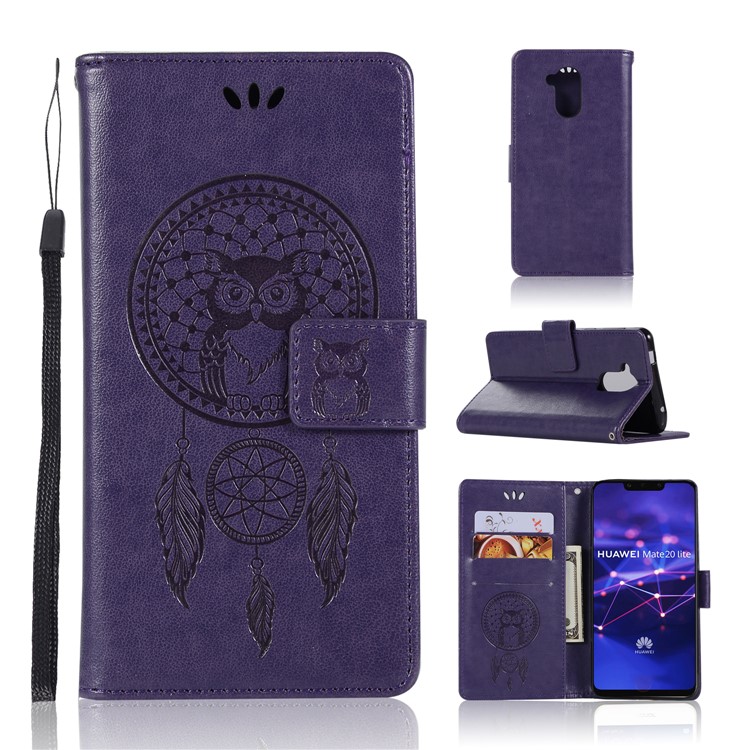 Imprint Owl Dream Catcher Wallet Stand Leather Mobile Phone Shell for Huawei Mate 20 Lite - Purple-1