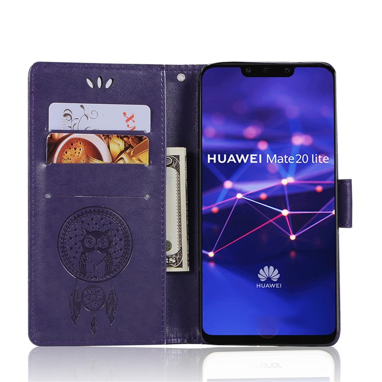 Imprint Owl Dream Catcher Wallet Stand Leather Mobile Phone Shell for Huawei Mate 20 Lite - Purple-6