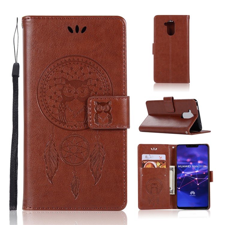 Imprint Owl Dream Catcher Wallet Stand Leather Cell Phone Shell for Huawei Mate 20 Lite - Brown-1