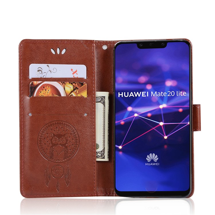 Imprint Owl Dream Catcher Wallet Stand Leather Cell Phone Shell for Huawei Mate 20 Lite - Brown-4