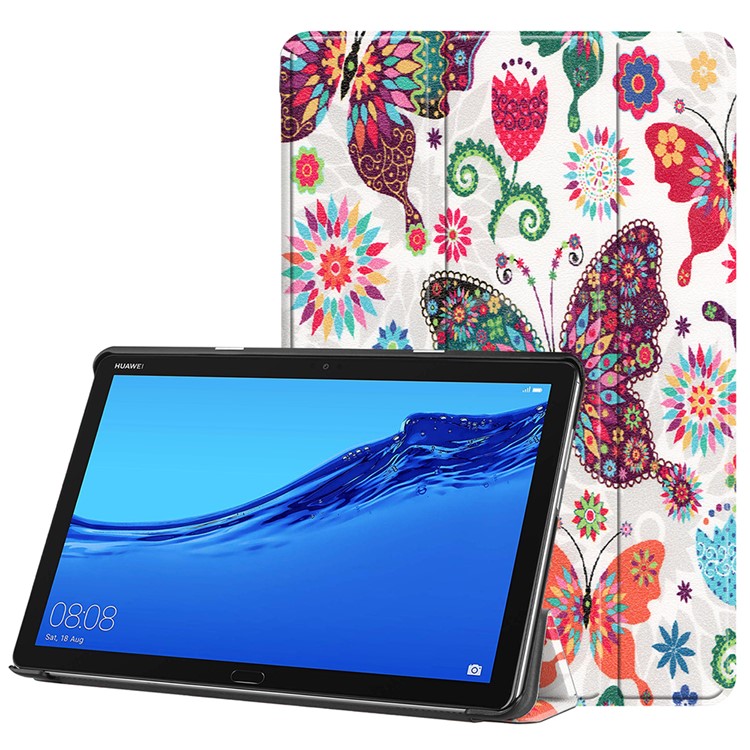 For Huawei Mediapad C5 10 / M5 Lite 10 Pattern Printing Leather Tri-fold Stand Tablet Shell - Colorful Butterfly-1