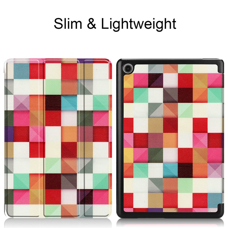 Pour Huawei Mediapad C5 10 / M5 Lite 10 Modèle Impression Cuir Tri-fold Stand Couvercle Du Boîtier De La Tablette - Grilles Colorées-2