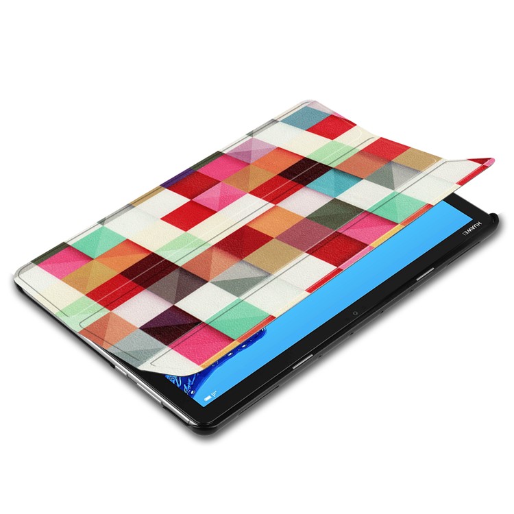 Pour Huawei Mediapad C5 10 / M5 Lite 10 Modèle Impression Cuir Tri-fold Stand Couvercle Du Boîtier De La Tablette - Grilles Colorées-3