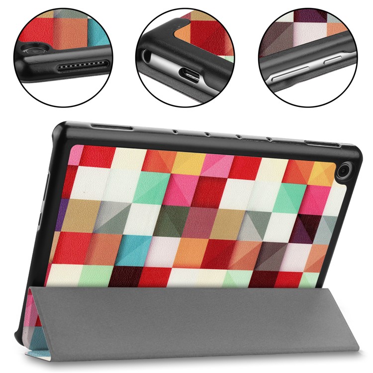 Pour Huawei Mediapad C5 10 / M5 Lite 10 Modèle Impression Cuir Tri-fold Stand Couvercle Du Boîtier De La Tablette - Grilles Colorées-6