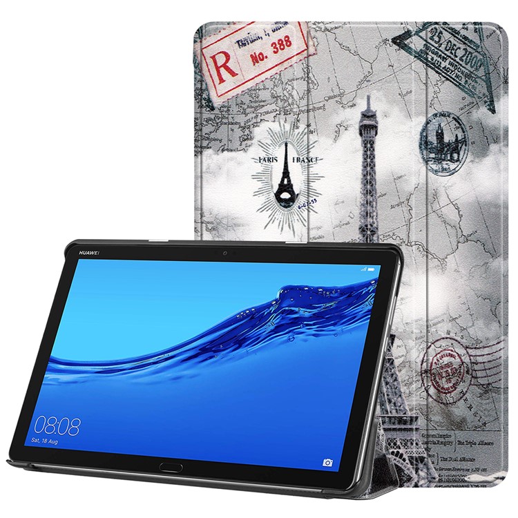 For Huawei Mediapad C5 10 / M5 Lite 10 Pattern Printing Leather Tri-fold Stand Tablet Casing Shell - Eiffel Tower and Map-1