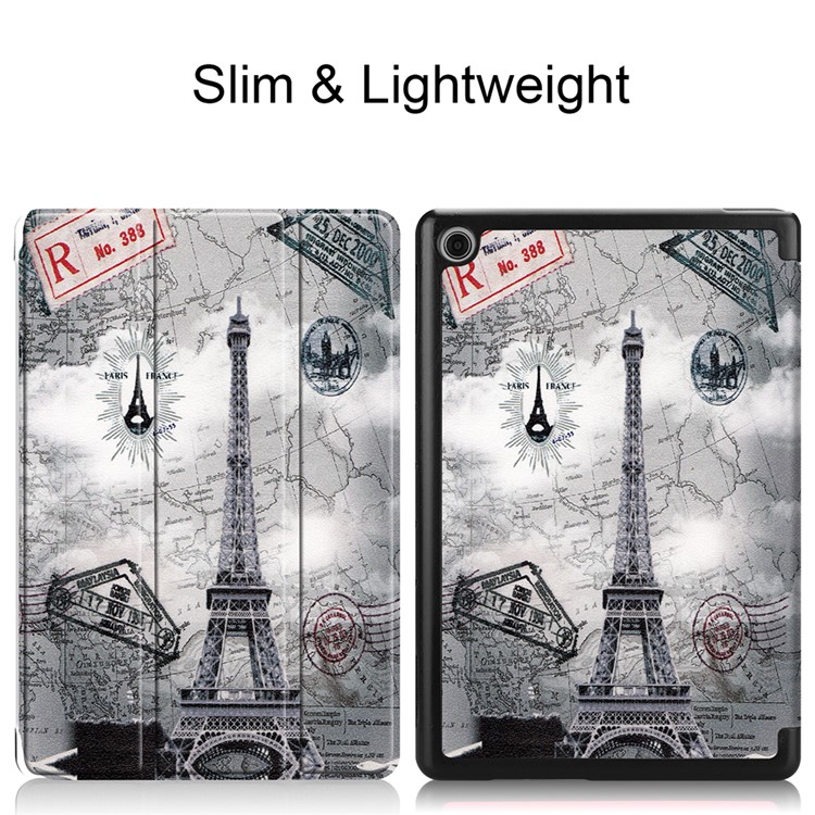 For Huawei Mediapad C5 10 / M5 Lite 10 Pattern Printing Leather Tri-fold Stand Tablet Casing Shell - Eiffel Tower and Map-2