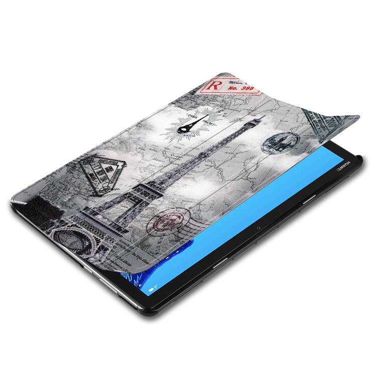 For Huawei Mediapad C5 10 / M5 Lite 10 Pattern Printing Leather Tri-fold Stand Tablet Casing Shell - Eiffel Tower and Map-3