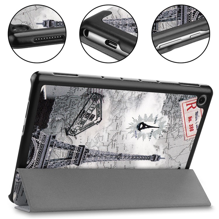For Huawei Mediapad C5 10 / M5 Lite 10 Pattern Printing Leather Tri-fold Stand Tablet Casing Shell - Eiffel Tower and Map-6