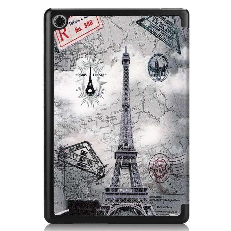 For Huawei Mediapad C5 10 / M5 Lite 10 Pattern Printing Leather Tri-fold Stand Tablet Casing Shell - Eiffel Tower and Map-9