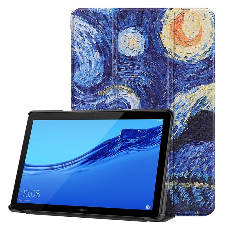 Pattern Printing Leather Tri-fold Stand Tablet Accessory Casing for Huawei MediaPad T5 10 - Oil Painting-1