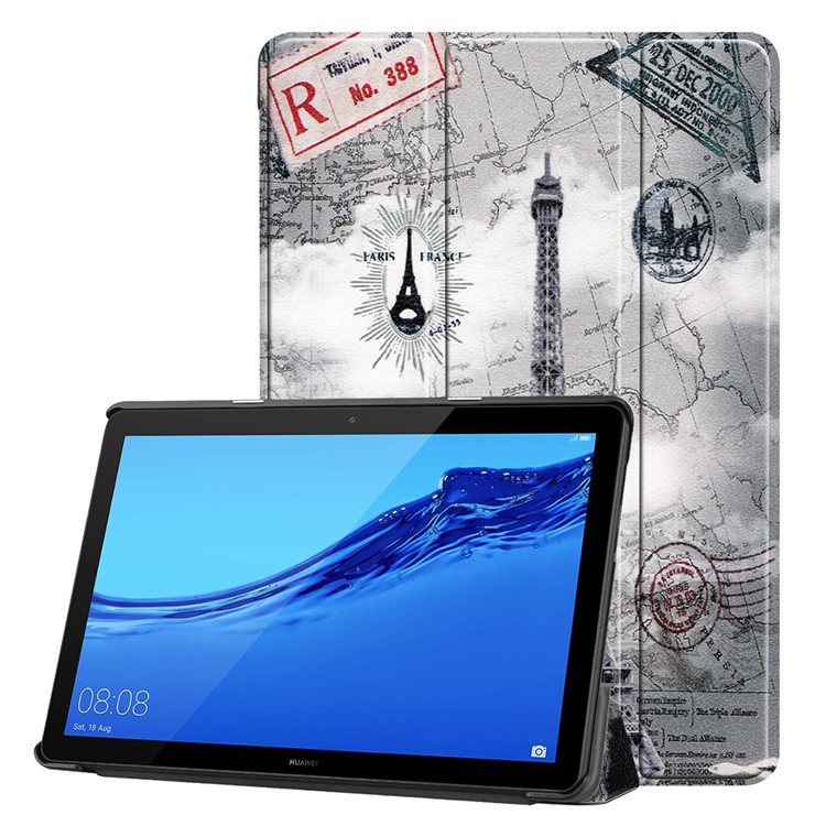 Pattern Printing Leather Tri-fold Stand Tablet Cover for Huawei MediaPad T5 10 - Eiffel Tower and Map-1
