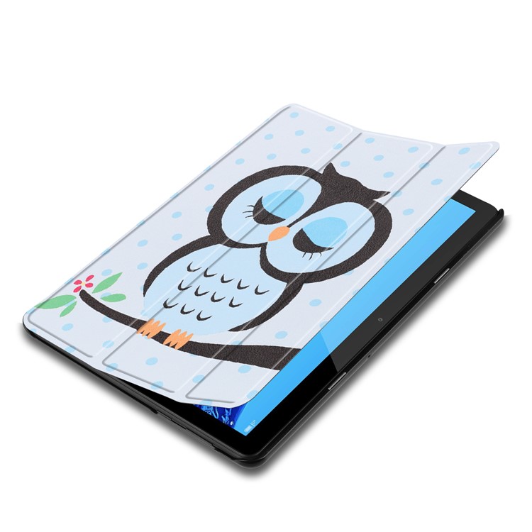Padrão De Impressão De Couro Tri-fold Suporte Tablet Capa De Revestimento Para Huawei Mediapad T5 10 - Coruja Dormindo No Galho-3