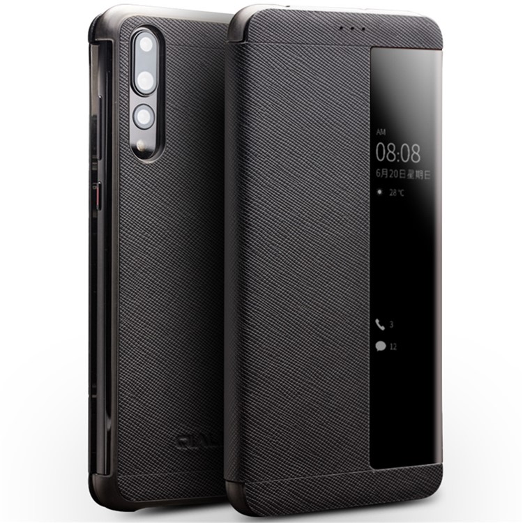 QIALINO View Window Smart Cross Texture Leather Shell for Huawei P20 Pro - Black-1