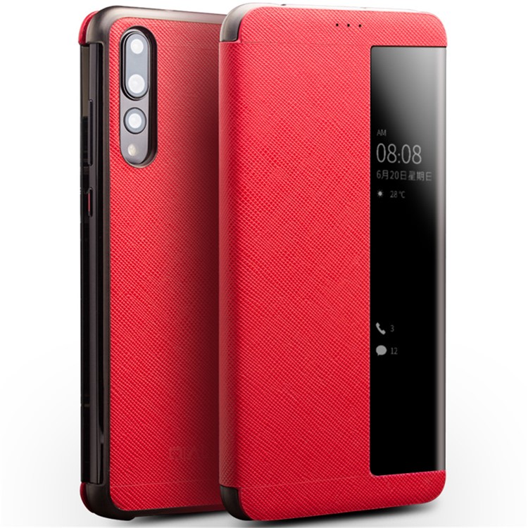 QIALINO View Window Smart Cross Texture Leather Case for Huawei P20 Pro - Red-1