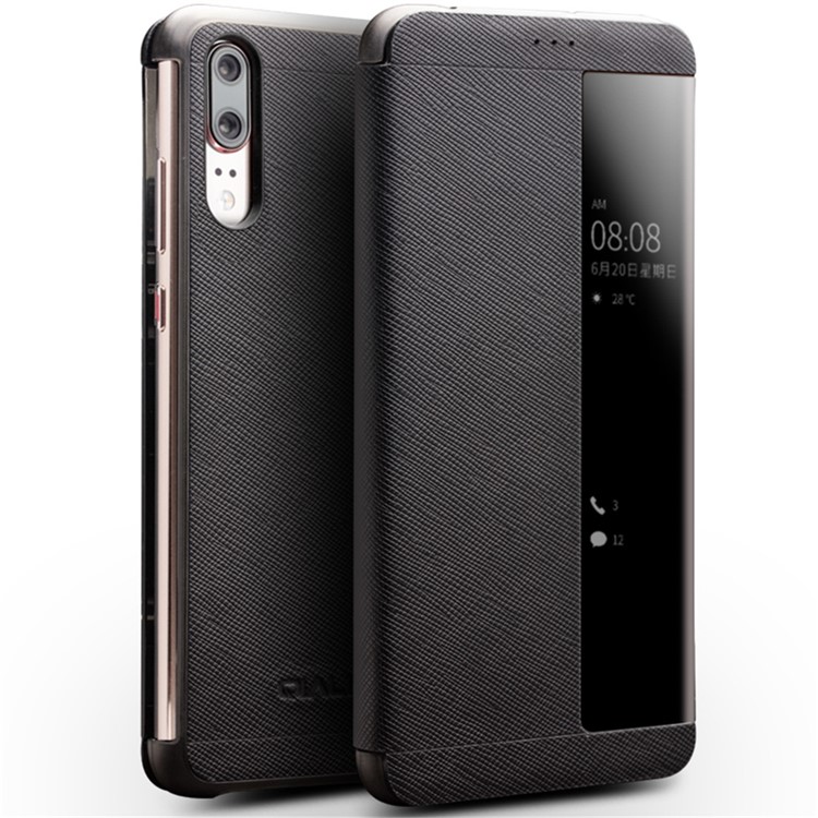 QIALINO View Window Smart Cross Texture Leather Mobile Shell for Huawei P20 - Black-1